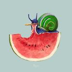  2017 alsaresnolynx feral food fruit gastropod melon simple_background smile snail solo watermelon 
