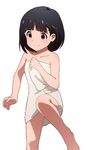  1girl ankles artist_request bangs barefoot black_hair blunt_bangs character_request collarbone copyright_request feet lowres red_eyes short_hair simple_background smile solo towel white_background white_towel 