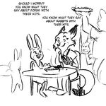  anthro canine chair dialogue disney female food fox hi_res judy_hopps lagomorph mammal monochrome mrs_wilde pie rabbit replytoanons sitting text zootopia 