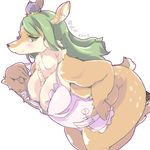  anthro apron bangs bent_over big_breasts black_nose blush breasts brown_fur cervine cleavage clothed clothing crown deer digital_media_(artwork) eyelashes female flower fur green_eyes hair hooves kemono kohakyu8513 leaf long_hair mammal naked_apron neck_tuft overweight overweight_female plant smile solo spots thick_thighs tuft white_fur 