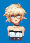  bangs bare_shoulders black-framed_eyewear black_choker blonde_hair blue_background blue_eyes breasts character_name choker cleavage closed_mouth collarbone creator_(dungeon_and_fighter) cropped_arms cropped_torso dungeon_and_fighter expressionless glasses hair_between_eyes head_tilt looking_at_viewer mlin pointy_ears short_hair signature simple_background sleeveless small_breasts solo upper_body 