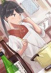  apron black_hair bottle cabinet cooking houshou_(kantai_collection) indoors japanese_clothes kantai_collection kappougi kimono kitchen ladle looking_away matsutani mixing_bowl plate ponytail pot sake_bottle saucer solo tasting utensil 