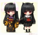  1girl ;) animal_ears arm_at_side black_footwear black_hair black_kimono black_legwear black_serafuku black_shirt black_skirt blush bunny_ears cat_ears cat_tail character_name chibi closed_mouth enma_ai eyebrows_visible_through_hair floral_print full_body gradient gradient_background hime_cut japanese_clothes jigoku_shoujo kemonomimi_mode kimono kneehighs long_hair looking_at_viewer midriff misaki_(kyal_001) multiple_views neckerchief obi one_eye_closed outstretched_arms red_eyes sash school_uniform serafuku shadow shirt shoes skirt sleeves_past_wrists smile standing tail triangle_mouth very_long_hair 