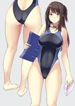  ass blue_eyes brown_hair competition_swimsuit goggles goggles_around_neck highres kickboard long_hair looking_at_viewer neginegio one-piece_swimsuit one_side_up seiren solo swim_cap swim_cap_removed swimsuit tsuneki_hikari 