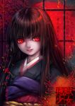  black_hair black_kimono copyright_name enma_ai flower head_tilt japanese_clothes jigoku_shoujo kimono long_hair looking_at_viewer misaki_(kyal_001) obi red_eyes sash solo spider_lily translation_request 