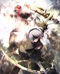  black_dress blindfold breasts chromatic_aberration cleavage cleavage_cutout commentary_request dress dual_wielding explosion gloves hairband holding holding_sword holding_weapon juliet_sleeves long_sleeves medium_breasts nier_(series) nier_automata pod_(nier_automata) puffy_sleeves short_hair silver_hair sword tsuedzu weapon white_gloves yorha_no._2_type_b 