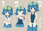  bare_shoulders blue_eyes blue_hair blue_sailor_collar blush commentary_request eromame goggles goggles_on_head multiple_views number pokemon pokemon_(anime) pokemon_sm_(anime) sailor_collar short_hair simple_background sleeveless suiren_(pokemon) swimsuit swimsuit_under_clothes text_focus translated trial_captain undressing 
