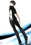  black_hair brown_eyes dutch_angle full_body highres ice_skates katsuki_yuuri looking_back male_focus mouri parted_lips shirt skates skating_rink solo t-shirt yuri!!!_on_ice 