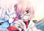  ;o animal animal_ears animal_on_shoulder bangs black-framed_eyewear collared_shirt commentary_request creature day eyebrows_visible_through_hair fate/grand_order fate_(series) fou_(fate/grand_order) glasses hair_between_eyes hand_up head_tilt hood hoodie looking_to_the_side mash_kyrielight necktie one_eye_closed outdoors pink_hair purple_eyes red_neckwear shimesaba_kohada shiny shiny_hair shirt short_hair snowing solo sunlight tower upper_body wind 