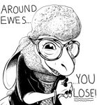  anthro braclet caprine clothed clothing dawn_bellwether disney eyewear female glasses grin half-closed_eyes hi_res hooves jewelry jewish mammal meme monochrome racism religion sheep simple_background solo teeth text unknown_artist white_background wool zootopia 