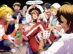  bandana black_hair blonde_hair blue_eyes brown_hair can candy card chair crossed_legs dark_skin dark_skinned_male doudanuki_masakuni food grin hair_ornament hairclip hood hoodie lollipop male_focus milk_carton mouth_hold multiple_boys mutsu-no-kami_yoshiyuki ookurikara otegine playing_card red_eyes scar school_uniform shishiou sitting smile soda_can sprite_(drink) t_k_g table touken_ranbu translation_request yamanbagiri_kunihiro yellow_eyes 