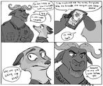  anthro bovine buffalo canine cape_buffalo chief_bogo clothing comic dialogue disney duo fox half-closed_eyes hi_res horn hula_hoop male mammal monochrome nick_wilde phone police_badge police_uniform signature size_difference speech_bubble text uniform unknown_artist zootopia 