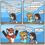  2016 anthro black_eyes blue_eyes brown_hair canine clothing coffee_mug comic cup female fox furry_lifestyle fursuit fuzzt0ne green_eyes group hair hi_res hoodie human humor inside male mammal open_mouth ponytail pun scarf simple_background speech_bubble 