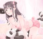  all_fours bad_id bad_pixiv_id bangs bare_arms bare_legs bare_shoulders barefoot bear_tail black_eyes black_hair blood breasts camisole cleavage commentary_request curtains cuts double_bun eyebrows_visible_through_hair fake_tail flower frilled_pillow frills hair_ribbon highres injury lipstick long_hair looking_away makeup medium_breasts original panda_tail parted_lips pillow pink pink_lips pink_ribbon pink_shorts red_flower red_rose ribbon rose see-through shizuko_(chipccchip) shorts solo strap_slip stuffed_animal stuffed_panda stuffed_toy tail 