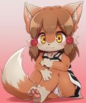  3_toes 4_fingers :3 ambiguous_gender anthro blush brown_fur brown_hair canine clothing cub dagasi dress fox fur gradient_background hair inner_ear_fluff kemono looking_at_viewer mammal panties panty_shot pawpads perro-kun simple_background sitting solo toes underwear white_fur yellow_eyes young 