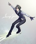  amg_(nwmnmllf) black_gloves black_hair character_name figure_skating full_body gloves grey_eyes ice_skates lee_seung-gil male_focus necktie skates skating solo waistcoat yuri!!!_on_ice 