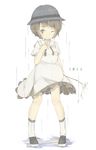  1girl black_footwear blue_hat brown_eyes brown_hair cer_(cerber) closed_mouth dress eyebrows_visible_through_hair full_body hand_on_own_chest hat looking_at_viewer minekaze_(zhan_jian_shao_nyu) one_eye_closed pigeon-toed rain sailor_dress school_hat shoes short_sleeves smile socks solo standing text_focus white_background white_dress white_legwear zhan_jian_shao_nyu 