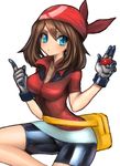  bag bandana bike_shorts blue_eyes breasts brown_hair cleavage dakusuta gloves haruka_(pokemon) hat highres holding holding_poke_ball looking_at_viewer medium_breasts poke_ball poke_ball_(generic) pokemon pokemon_(game) pokemon_rse short_hair shorts simple_background solo white_background 