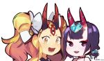  2girls :d alternate_hairstyle bangs blonde_hair blunt_bangs chibi commentary eyebrows_visible_through_hair facial_mark fate/grand_order fate_(series) forehead_mark headpiece heart highres horns ibaraki_douji_(fate/grand_order) idk-kun looking_at_viewer multiple_girls no_nose open_mouth precure purple_eyes purple_hair romaji_commentary short_eyebrows shuten_douji_(fate/grand_order) shuten_douji_(halloween)_(fate) smile transparent_background twintails twitter_username yellow_eyes 