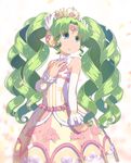  bangs bare_shoulders blue_eyes blush dress falulu forehead_jewel green_hair hand_on_own_chest highres long_hair monosenbei parted_bangs pretty_(series) pripara solo tiara twintails 