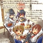  ^_^ ^o^ akatsuki_(kantai_collection) arm_up black_eyes black_hat black_skirt blue_eyes brown_eyes brown_hair closed_eyes commentary_request cup curry curry_rice dated flat_cap food hat hibiki_(kantai_collection) holding holding_plate ikazuchi_(kantai_collection) inazuma_(kantai_collection) kantai_collection kirisawa_juuzou long_hair long_sleeves multiple_girls neckerchief plate pleated_skirt purple_hair red_neckwear rice sailor_collar school_uniform serafuku short_hair silver_hair sitting skirt spoon sweat traditional_media translation_request twitter_username 