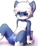  blue_eyes blush boxers_(clothing) bulge canine clothed clothing cub fox fur hair male mammal mintea navel sitting solo spread_legs spreading topless underwear white_fur white_hair young 