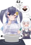  2girls alaskan_sea_otter_(kemono_friends) anchor_hair_ornament animal_ears bare_shoulders blowhole blue_hair blue_whale_(kemono_friends) blush cooking dorsal_fin elbow_gloves fins flying_sweatdrops fur_collar glasses gloves grey_gloves grey_hair grey_one-piece_swimsuit hair_between_eyes hair_ornament head_fins kemono_friends ladle long_hair long_sleeves miso_soup multicolored_hair multiple_girls nose_blush one-piece_swimsuit open_mouth otter_ears otter_girl seashell semi-rimless_eyewear shell sidelocks sweater swimsuit tame_(sld8zoczefz9aau) turtleneck turtleneck_sweater wavy_mouth whale_girl white_fur white_hair white_sweater 