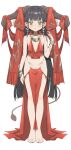 1girl barefoot black_hair blush breasts dress earrings facing_viewer full_body green_eyes hair_ornament highres horns jewelry long_hair looking_at_viewer navel nemo_(leafnight) open_mouth original red_dress simple_background small_breasts solo standing tail white_background 