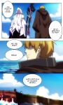  2boys blonde_hair brown_hair cliff cloud cloudy_sky english_text fate/grand_order fate_(series) highres holding holding_staff hood kay_(fate) lazyartlazy12 long_hair merlin_(fate) multiple_boys ocean sky speech_bubble staff white_hair 