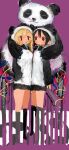  2girls animal_hood arm_around_shoulder black_eyes black_hair black_skirt black_sleeves black_socks blonde_hair blush chito_(shoujo_shuumatsu_ryokou) closed_mouth expressionless full_body hand_in_pocket highres hood hood_up hoodie kneehighs kotatsu_(pchu) long_hair long_sleeves looking_at_another mandarin_collar mouth_hold multiple_girls panda panda_hood purple_background shoujo_shuumatsu_ryokou side-by-side simple_background skirt socks stalk_in_mouth standing tareme white_hoodie wide-eyed yuuri_(shoujo_shuumatsu_ryokou) 