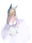  1girl animal_ear_fluff animal_ears bare_shoulders blonde_hair blue_archive blue_eyes blue_halo bouquet breasts bride cleavage collarbone diksiuw dog_ears dress extra_ears from_above hair_over_one_eye halo holding holding_bouquet kanna_(blue_archive) large_breasts long_bangs long_hair looking_at_viewer notched_ear parted_bangs simple_background solo strapless strapless_dress wedding_dress white_background 