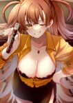  1girl absurdres blush bra breasts brown_hair chocolate closed_eyes dr._arach highres lab_coat lace lace_bra large_breasts long_hair orange_thighhighs orange_vest shimotsukishin smile thighhighs tsukihime tsukihime_(remake) underwear vest 