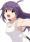  1girl absurdres ahoge blush breasts collarbone from_side green_eyes hair_between_eyes highres idolmaster idolmaster_million_live! idolmaster_million_live!_theater_days long_hair looking_at_viewer mochizuki_anna moyashi_tomozuku open_mouth outstretched_arm purple_hair shirt short_sleeves simple_background small_breasts smile solo white_background white_shirt 