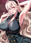  1girl absurdres armpits black_shirt blush breasts cleavage corrin_(female)_(fire_emblem) corrin_(fire_emblem) fire_emblem fire_emblem_fates hair_between_eyes hairband highres large_breasts long_hair looking_at_viewer open_mouth pointy_ears red_eyes shirt sideboob sleeveless sleeveless_shirt solo sweat to_(tototo_tk) white_hair 