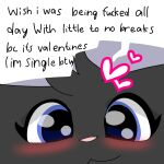 &lt;3 black_body blue_eyes blush canid canine cute_expression cute_eyes eyeshadow felid feline fox fywi fywi_(fywi) handwritten_text head_tuft hearts_around_head hi_res holidays hybrid makeup mammal pink_nose simple_coloring smile sparkling_eyes speech_bubble stare text tuft valentine&#039;s_day