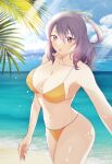  ao_no_kiseki beach bikini blue_sky blush bow-shaped_hair breasts cloud double-parted_bangs eiyuu_densetsu hair_between_eyes il_(il_suffered) large_breasts leaf light_rays looking_at_viewer navel ocean outdoors purple_eyes purple_hair rixia_mao sidelocks sky sunbeam sunlight swimsuit yellow_bikini zero_no_kiseki 