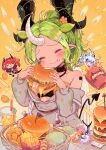  4girls absurdres amakawa_tamawo blue_hair blush blush_stickers boned_meat burger burger_malfunction chibi closed_eyes cup dark-skinned_female dark_skin demon_girl demon_tail disposable_cup drink drinking_straw eating food food_on_face french_kiss green_hair grey_hair hair_ornament hairclip highres hood hoodie horns kiss long_hair long_sleeves meat mini_person minigirl multiple_girls off_shoulder onion_rings open_mouth original plant plant_hair pointy_ears ponytail red_hair smile tail twintails vines 
