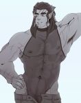  1boy armpits baldur&#039;s_gate baldur&#039;s_gate_3 bara bare_pectorals brown_hair brown_theme contemporary contrapposto covered_navel covered_nipples cowboy_shot dark-skinned_male dark_skin dungeons_and_dragons elf hairy halsin highres large_pectorals looking_to_the_side maison male_focus male_pubic_hair mature_male medium_hair monochrome muscular muscular_male nipples open_fly pectorals pointy_ears pubic_hair see-through see-through_shirt sidepec solo sparse_chest_hair sparse_navel_hair thick_arm_hair thick_eyebrows 