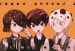  3girls brown_eyes brown_hair chocolate collared_shirt eating food giri9211 hair_over_one_eye holding holding_food long_hair long_sleeves looking_at_another looking_at_viewer multiple_girls necktie orange_background original personification shirt short_hair vest white_hair 