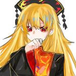  1girl black_headwear black_shirt blonde_hair breasts chinese_commentary commentary_request er_wuyun hand_mouth junko_(touhou) long_hair long_sleeves medium_breasts pale_skin phoenix_crown portrait red_eyes red_tabard shirt simple_background solo tabard touhou two-sided_sleeves white_background wide_sleeves 