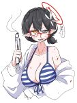  1girl absurdres arm_under_breasts ayane_(blue_archive) ayane_(swimsuit)_(blue_archive) bikini black_eyes black_hair blood blood_on_face blue_archive breasts cleavage crooked_eyewear dr_yamero glasses gun hair_ornament halo highres holding holding_gun holding_weapon jacket large_breasts looking_at_viewer low_ponytail off_shoulder open_clothes open_jacket orange_eyes pointy_ears red-framed_eyewear short_hair short_ponytail simple_background solo speech_bubble striped_bikini striped_clothes swimsuit translation_request upper_body weapon white_background white_jacket 