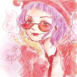  1girl belo_betty blue_eyes blunt_bangs character_name cigarette close-up english_commentary gloves goggles looking_at_viewer mrnmikannn necktie one_piece purple_hair red_headwear red_necktie red_shirt shirt short_hair signature smile smoke solo 