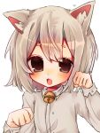  1girl :3 animal_ear_fluff animal_ears bell brown_eyes cat_ears cat_girl highres long_sleeves looking_at_viewer mahoushaojiulilika05836 neck_bell open_mouth original paw_pose shirt short_hair simple_background solo upper_body white_background white_hair white_shirt 