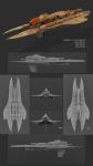  3d amarr_empire_(eve_online) battleship_(eve_online) commentary concept_art eve_online from_side glowing highres ivanuss military_vehicle multiple_views no_humans original realistic reference_sheet science_fiction spacecraft thrusters vehicle_focus 