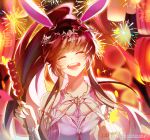  1girl artist_request blush brown_hair closed_eyes douluo_dalu dress fireworks food hair_ornament highres holding_hands lantern long_hair night open_mouth pink_dress ponytail second-party_source smile smoke solo tanghulu teeth upper_body xiao_wu_(douluo_dalu) 