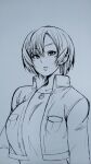  1girl aya_brea breasts collarbone denim greyscale highres jacket lips looking_at_viewer monochrome parasite_eve parasite_eve_ii short_hair simple_background solo white_background yamada_pasta 