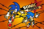  2boys absurdres barbed_wire copyright_name dual_persona full_body furry furry_male gloves green_eyes highres looking_at_viewer male_focus multiple_boys official_art ooshima_naoto orange_background smirk sonic_(series) sonic_forces sonic_the_hedgehog sonic_the_hedgehog_(classic) star_(symbol) white_gloves 