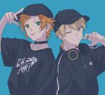  2boys :p back-to-back black_choker black_headwear black_shirt blonde_hair blue_background choker commentary_request dog_tags green_eyes grin hands_up hat headphones headphones_around_neck highres jewelry kichijo_nanao long_sleeves looking_at_viewer multiple_boys on_air! one_eye_closed orange_hair ring sekina shirt short_hair simple_background smile t-shirt tachibana_ota tongue tongue_out upper_body yellow_eyes 