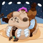 anthro areola balls bear belly belly_overhang belly_tattoo big_areola big_balls big_belly big_moobs big_nipples brown_body brown_fur canid canine chubby_cheeks clothed clothing confetti crush double_chin duo eyes_closed fat_rolls fujiyama_samoyed_(artist) fur genitals hi_res huge_balls huge_belly huge_moobs huge_nipples huge_thighs hyper hyper_balls hyper_belly hyper_genitalia hyper_moobs jockstrap larger_male libra_(fujiyamasamoyed) looking_at_viewer love_handles male male/male mammal man_bun moobs morbidly_obese morbidly_obese_anthro morbidly_obese_male navel nipples obese obese_anthro obese_male overweight overweight_anthro overweight_male pinned pinned_by_balls pinned_to_ground raccoon_dog rope size_difference smaller_male smile smothering spotlight sumo sumo_ring tanuki tattoo tea_bagging thick_thighs underwear victory wrestling
