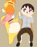 absurd_res animal_crossing belt bent_over big_butt breasts butt clothing container cup floral_clothing floral_pattern floral_shirt glass glass_container glass_cup hi_res isabelle_(animal_crossing) male nintendo side_boob side_view smile tagme toonarscontent villager_(animal_crossing)